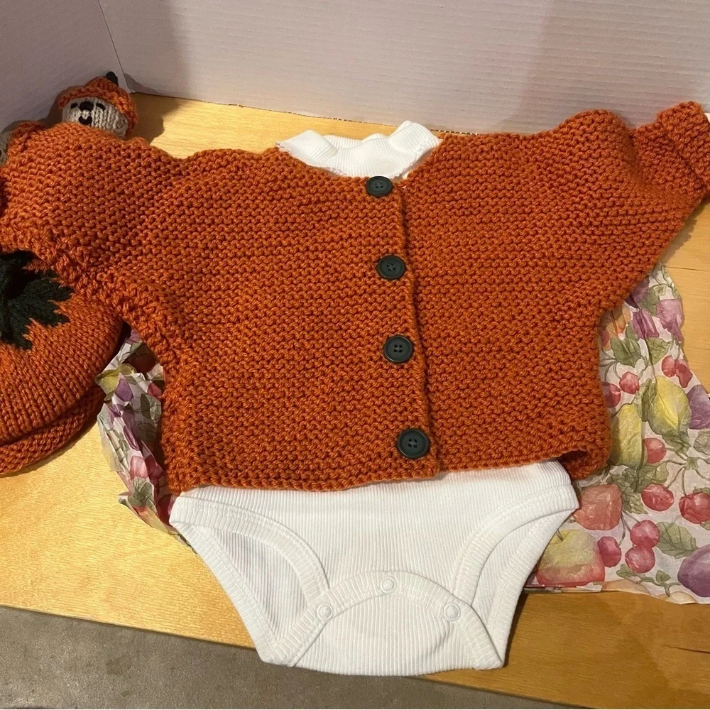 Baby Knit Orange Pumpkin Hat Sweater Bodysuit Set 9-12 Months Photo Prop Outfit